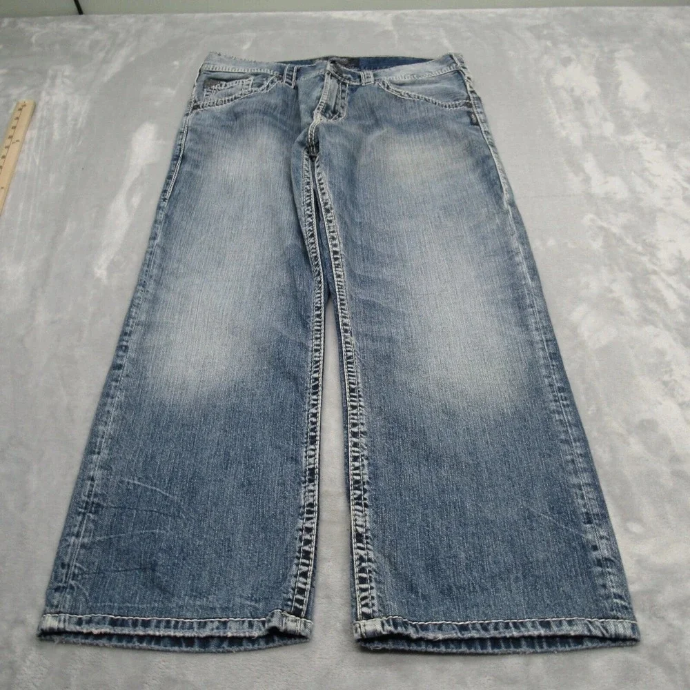 Silver Baggy Jeans Mens 34x26 Gordie Relaxed Faux Selvedge Fade Whisker Wide Leg